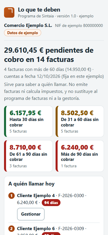 El programa de cobros pendientes en la pantalla de un móvil, con el total pendiente y los tramos por antigüedad. Datos de ejemplo.