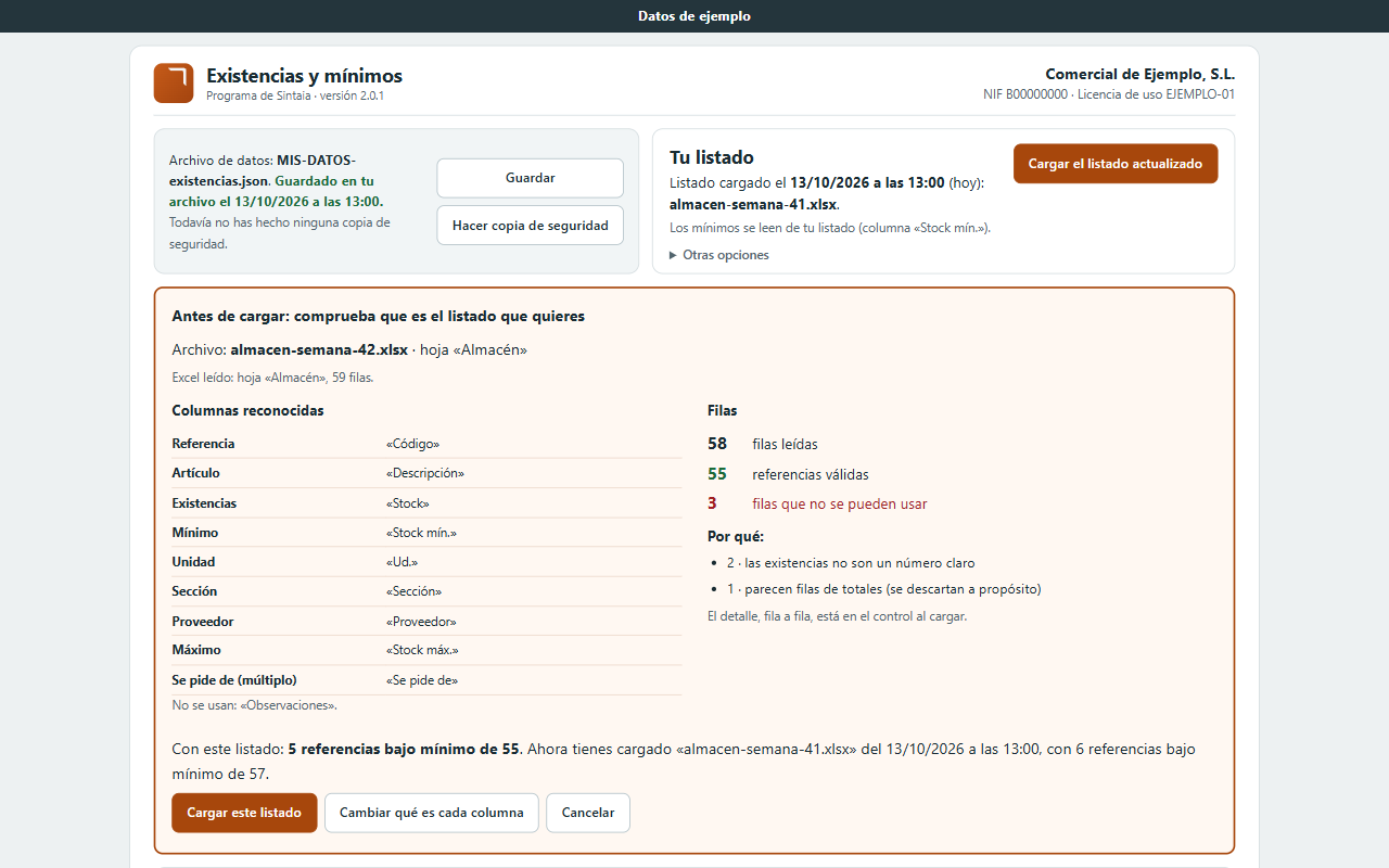 Programa de stock con datos de ejemplo: vista previa antes de cargar un Excel, con las columnas reconocidas, las filas válidas y las que no se pueden usar, y los botones para cargar, cambiar columnas o cancelar.